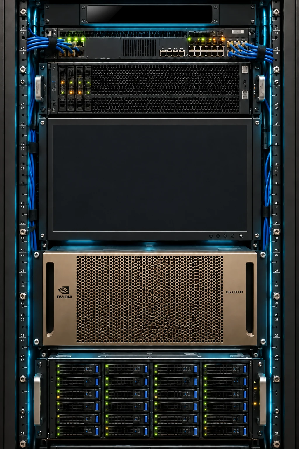 Close-up ATLAS-02 inference server rack with a softly illuminated nameplate, integrated monitor, and NVIDIA DGX B300-style module