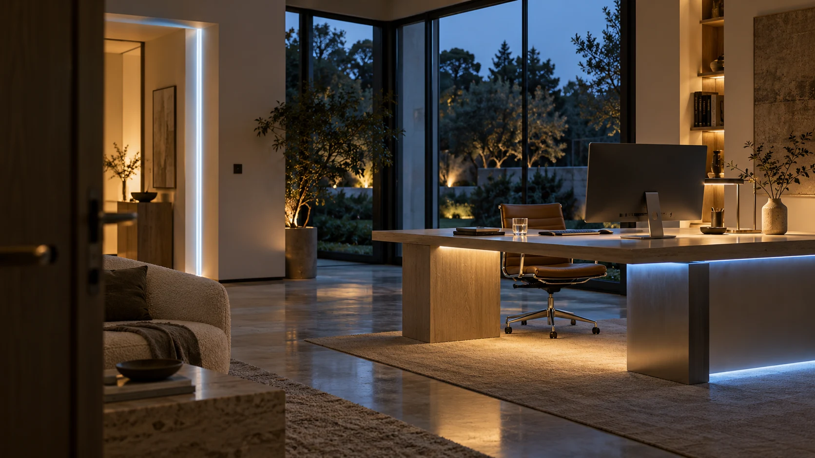 Quiet architectural workspace opening onto a shared living space at blue hour.