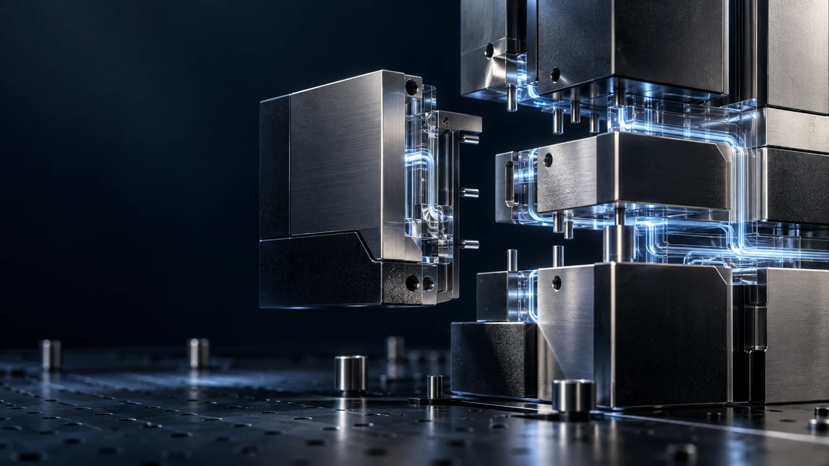 Precision titanium modules aligning around illuminated connection surfaces.
